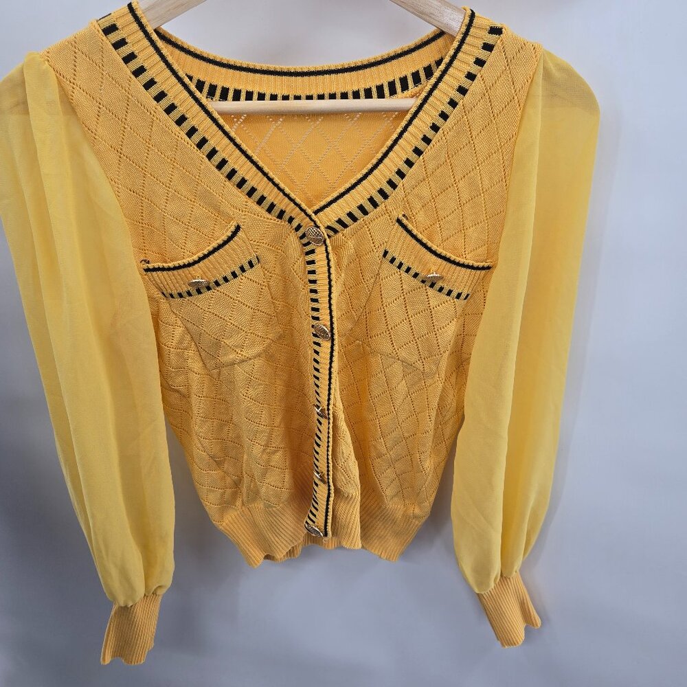 Yellow Sheer Sleeve Knit V-Neck Lightweight Cardigan Blouse Size Small